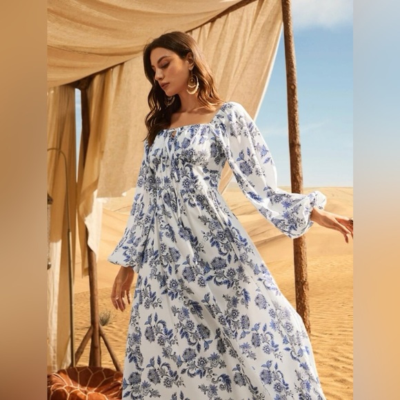 SHEIN Mulvari Floral Tie Neck Bishop Sleeve Dress Size US Large - Picture 1 of 6